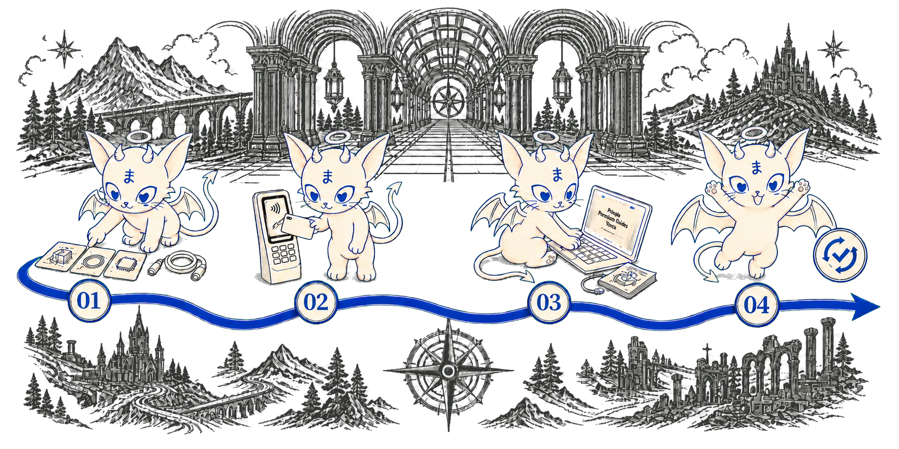 Four cream-and-cobalt winged kitten mascots follow a treasure-map route from choosing a build to ongoing updates
