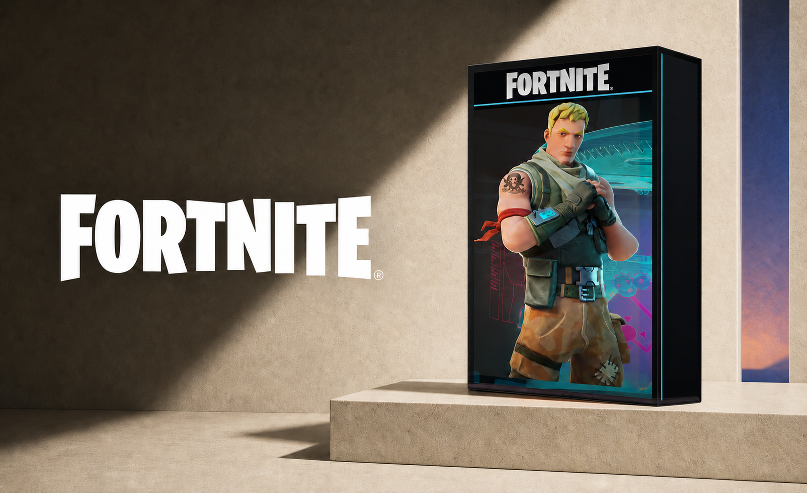 Fortnite product cabinet photographed in the ivory campaign studio
